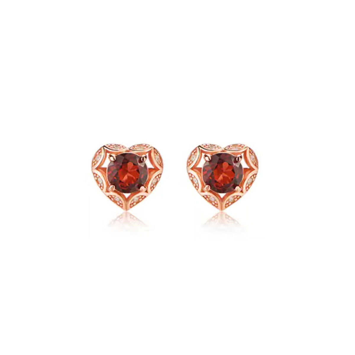 Rose Gold Ruby Garnet Hollow Heart Shape Stud Earrings