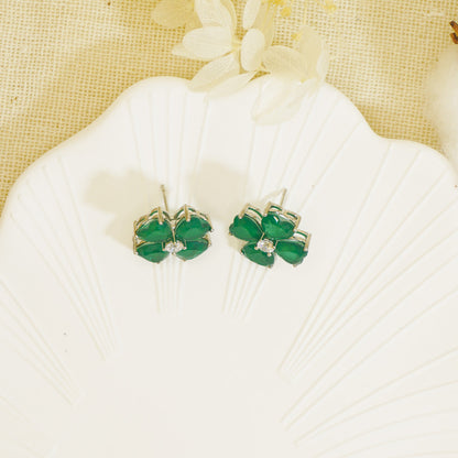 White Gold Four-leaf Clover Green Stones Stud Earrings