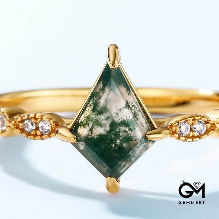 Moss Agate White Zircon Four Prong Ring