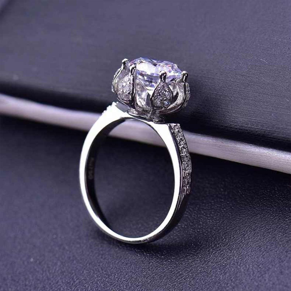 White Gold Rose Shape Adjustable Moissanite Ring