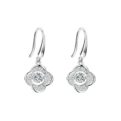 White Gold 4 Leaf Clover Shape Beating Shinny Dangle Earrings