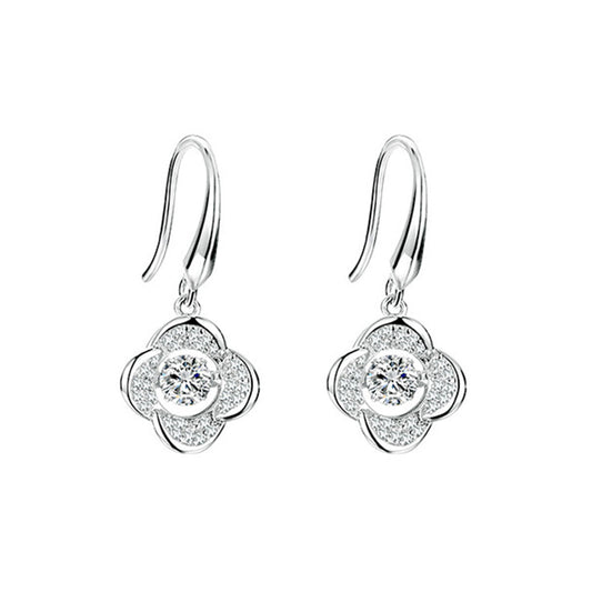 White Gold 4 Leaf Clover Shape Beating Shinny Dangle Earrings