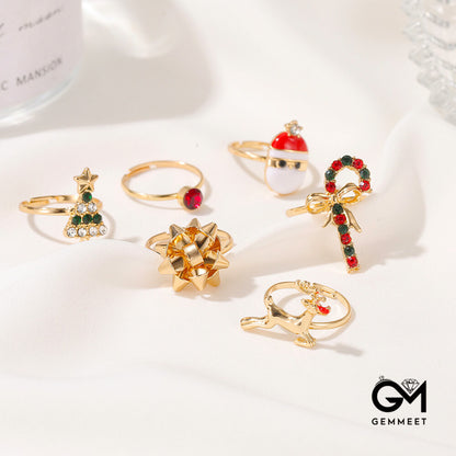 6 Pcs Cute Elk Christmas Tree Adjustable Ring Set