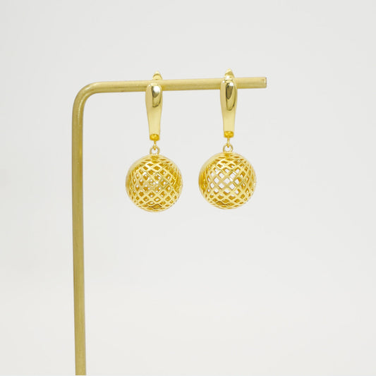 Spherical Hollow Design Ball Gold Dangle Earrings