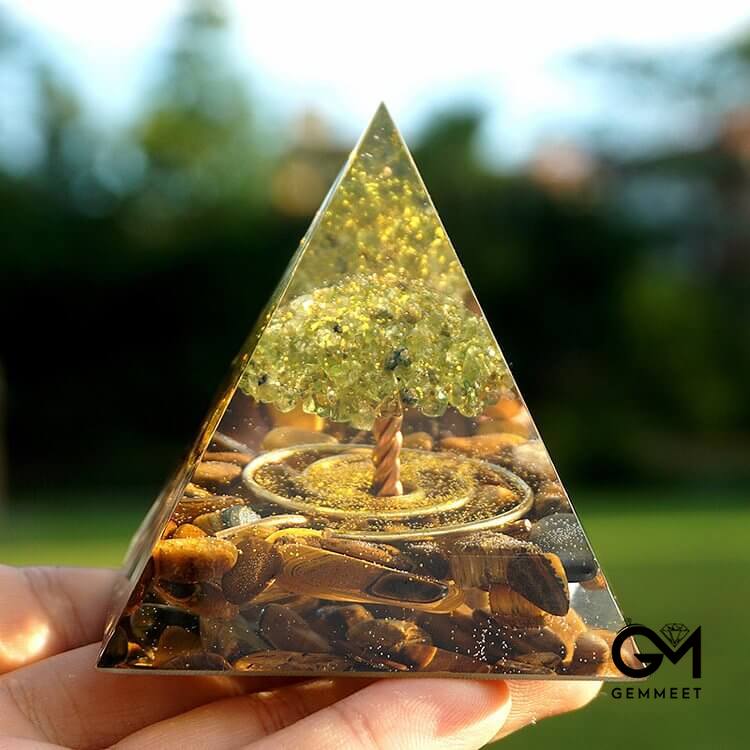 Peridot With Tiger Eye Tree Of Life Orgone Pyramid