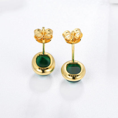 Golden Stud Earrings With Oval Emerald Gem