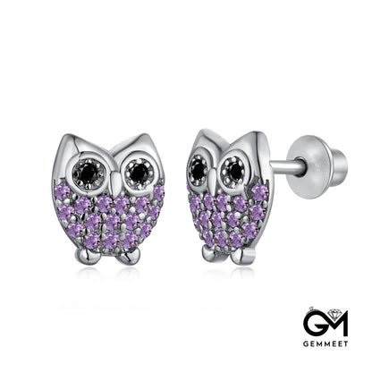 S925 Purple Black Zircon Owl Earrings