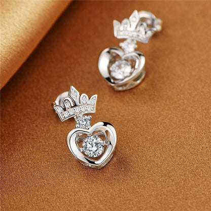 White Gold Crown Beating Heart Hollow Drop Earrings