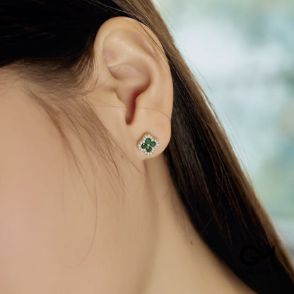 S925 Dark Green White Zircon Four-leaf Clover Flower Earrings