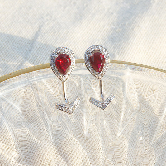 White Gold Pear Ruby Gem Arrow Shape Drop Earrings