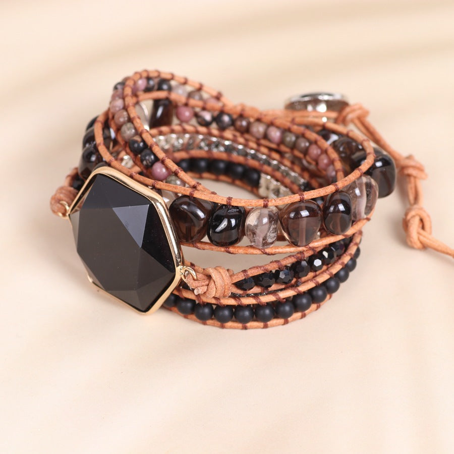 Obsidian double pendant wrapped bracelet