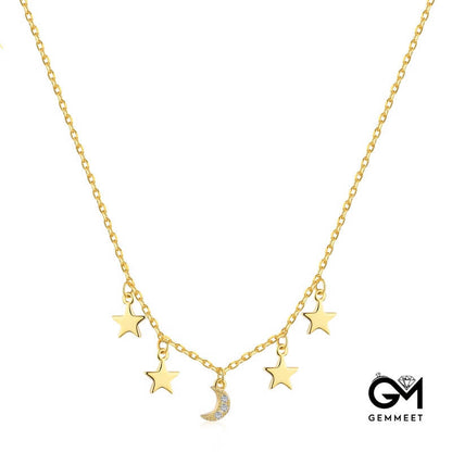 S925 Sterling Silver Folded Star and Moon Necklace