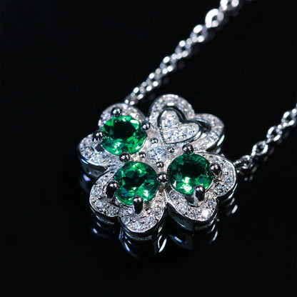 Hollow Classic Four-leaf Clover Emerald Full Stones Chain