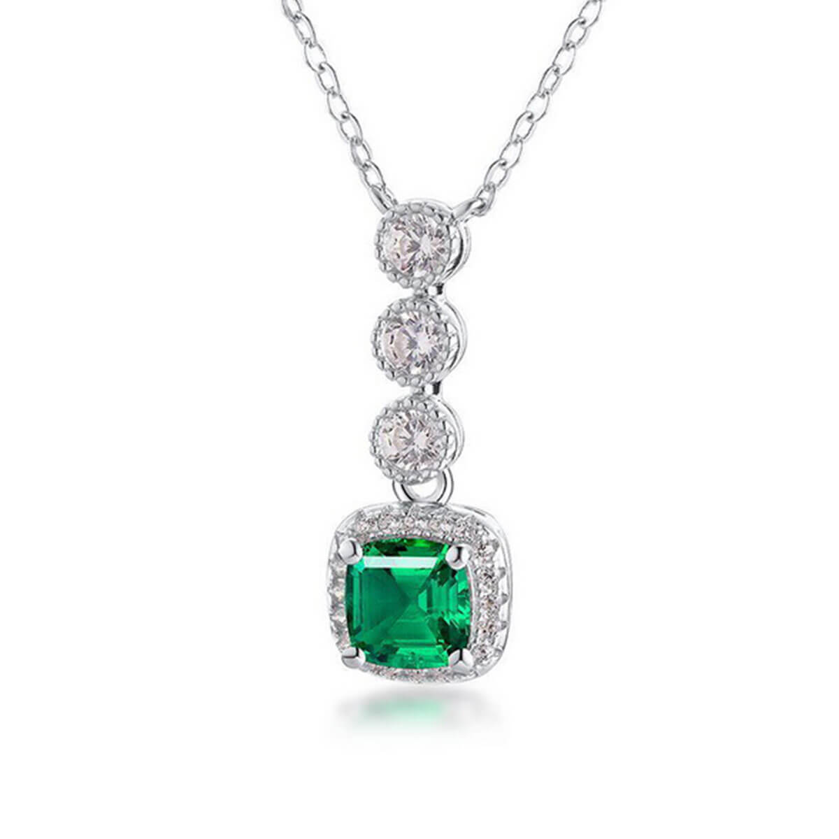 Triple Stones Cushion Shape Halo Emerald Chain