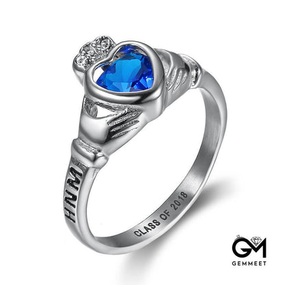 Stainless Steel Vintage Heart Blue Zircon Ring