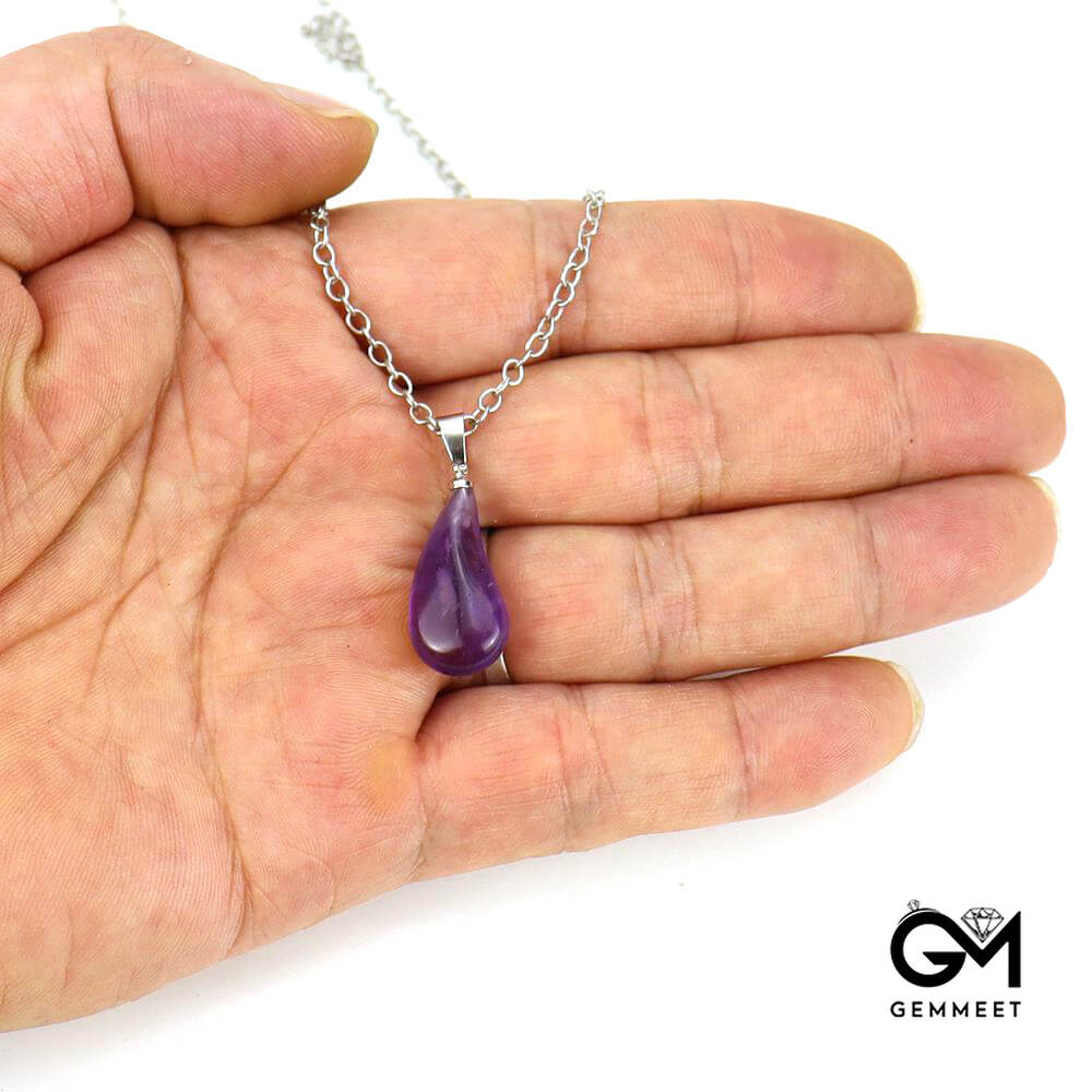 Stainless Steel Crystal Amethyst Drop Pendant Necklace