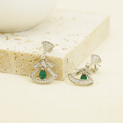 White Gold Green Gem Skirt Shape Drop Earrings