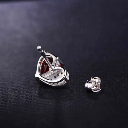 White Gold Half Design Ruby Gem Heart Shape Stud Earrings