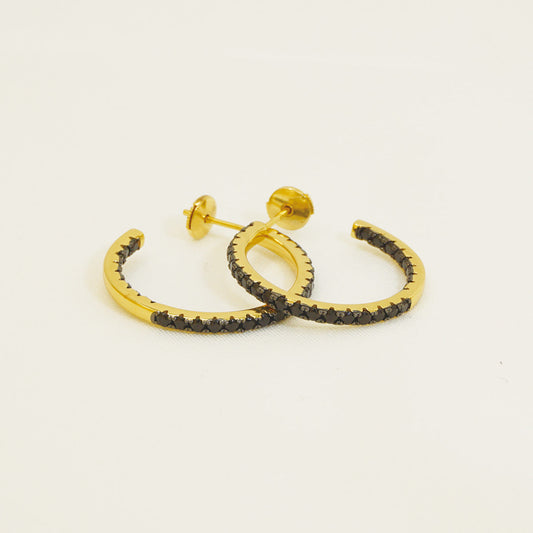 Golden Hammered Triple Black Stones Hoop Earrings