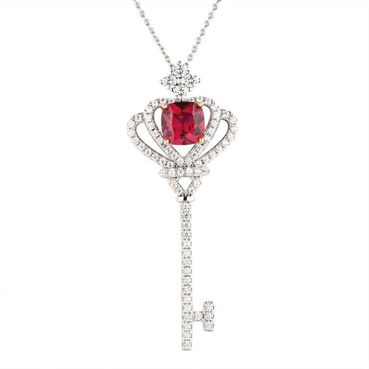 Sterling Silver Ruby Sapphire Key Shape Full Diamond Crown Pendant