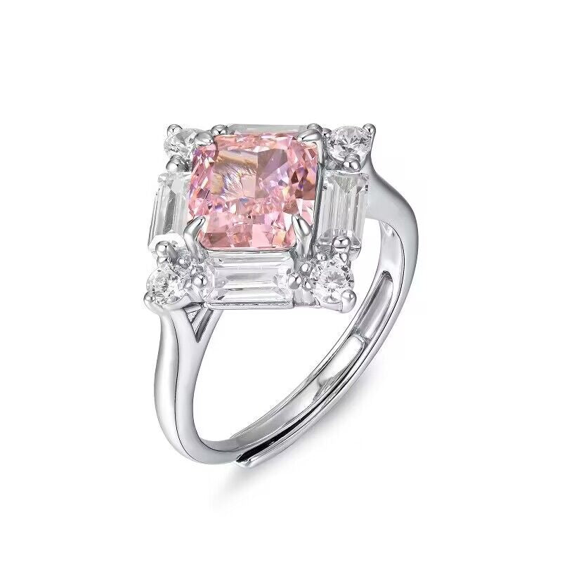 White Gold S925 Silver Square Cut Pink Gem Signet Ring