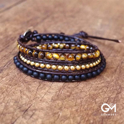 Tiger Eye Matt Black Onyx Beads Wrap Bracelet