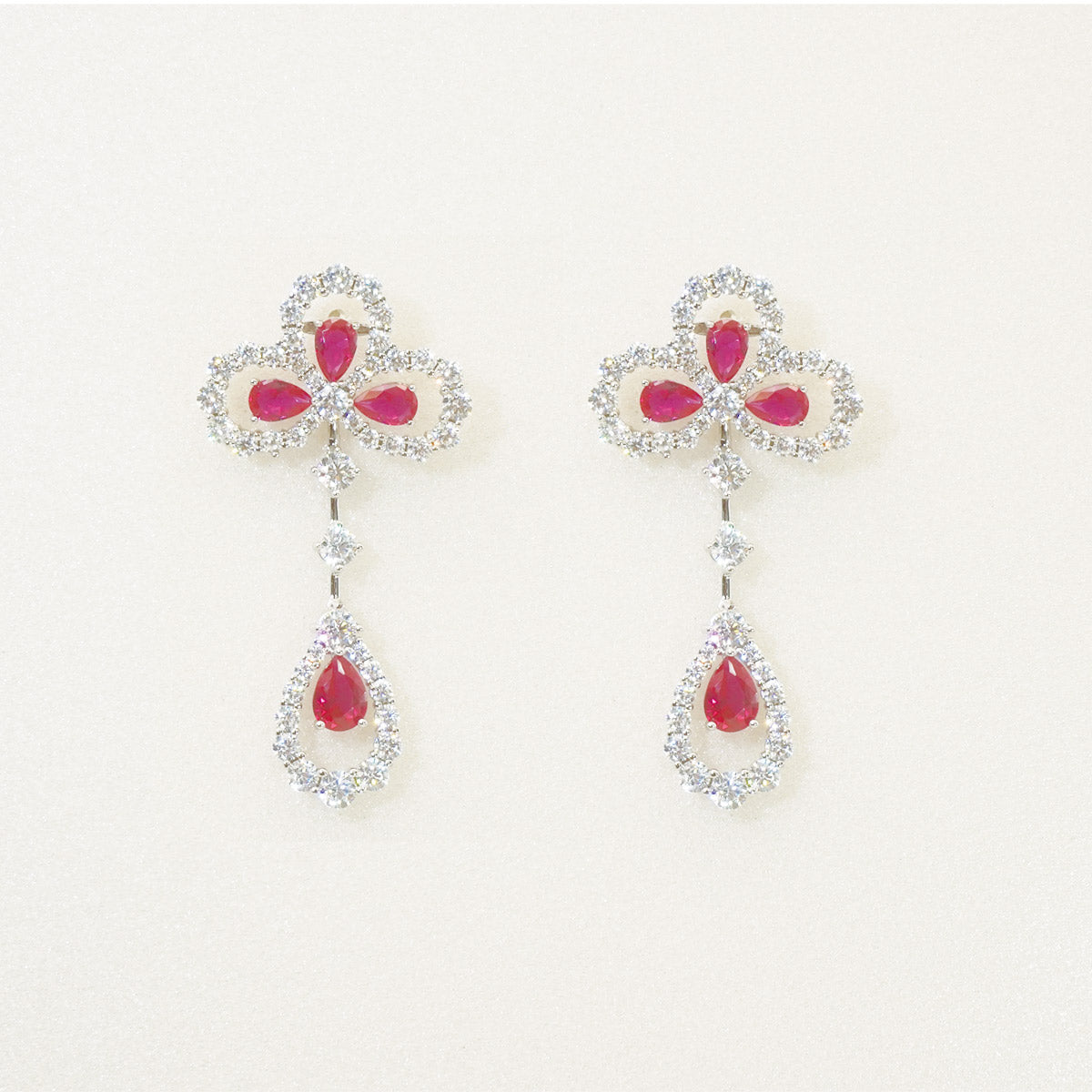 White Gold Ruby Iris Shape Hollow Drop Earrings