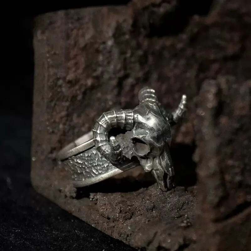 Silver Satan Sheep Head Men's Open Adjustable Ring