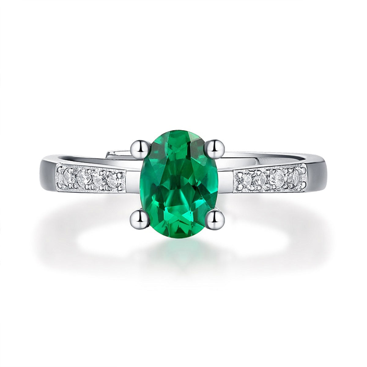 White Gold Oval Cut Emerald Adjustable Ring