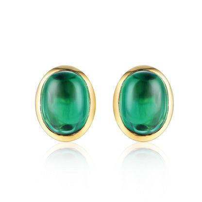 Golden Stud Earrings With Oval Emerald Gem