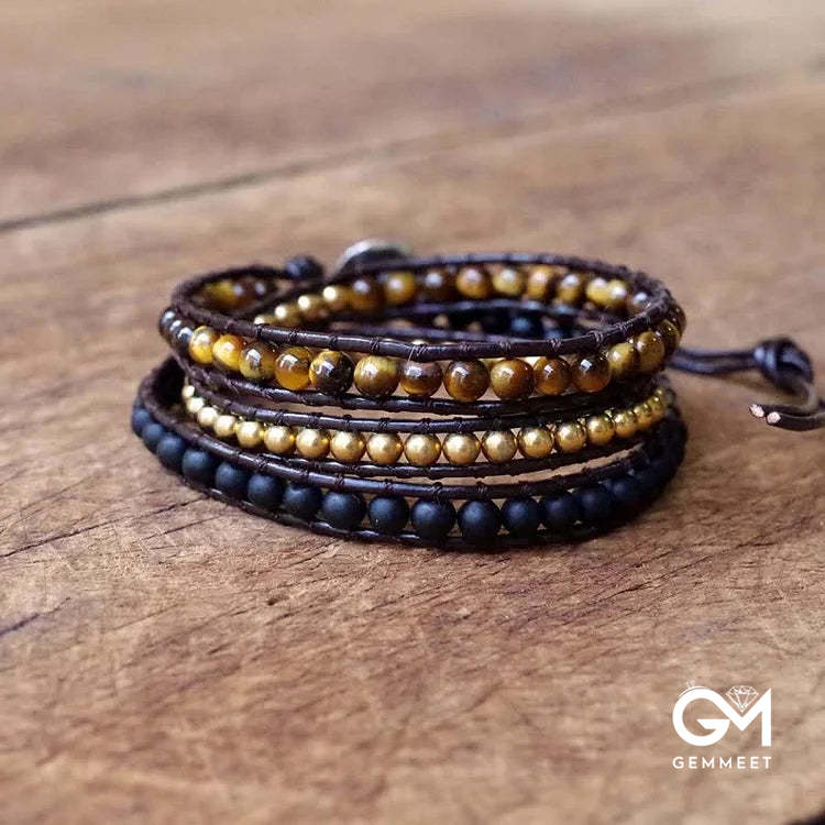 Tiger Eye Matt Black Onyx Beads Wrap Bracelet