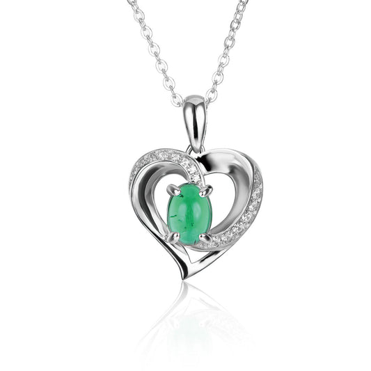 Sterling Silver Channel Setting Hollow Heart Shape Pendant with Oval Brilliant Cut Emerald Gem