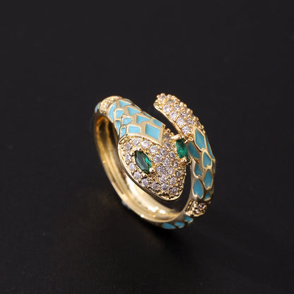 Gold Plated Vintage Green Eye Snake Ring