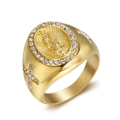 Hip-hop Jewelry Titanium Steel Gold-plated Inlaid Cubic Zirconia Virgin Mary Men's Ring