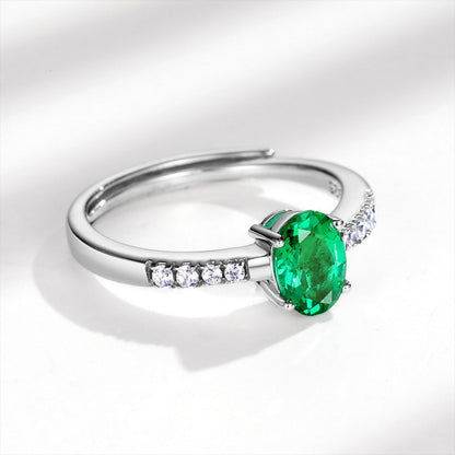 White Gold Oval Cut Emerald Adjustable Ring