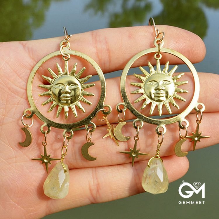 Sun Moon Stars Raindrop Crystal Earrings