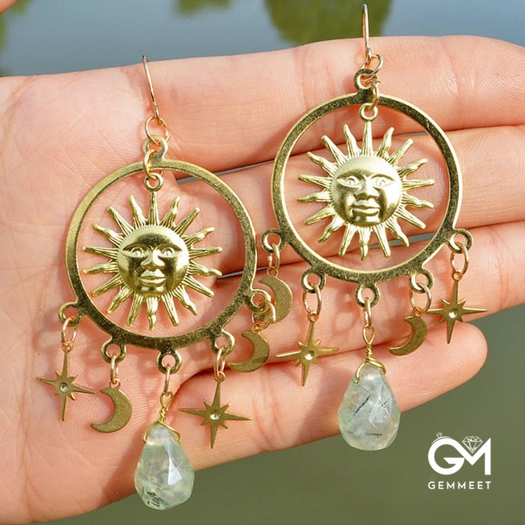 Sun Moon Stars Raindrop Crystal Earrings