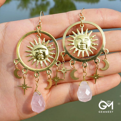 Sun Moon Stars Raindrop Crystal Earrings