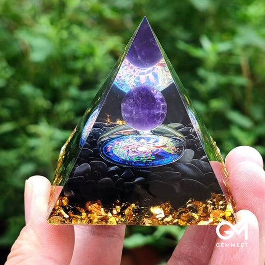 Amethyst Crystal Sphere with Obsidian Crystal Orgone Pyramid