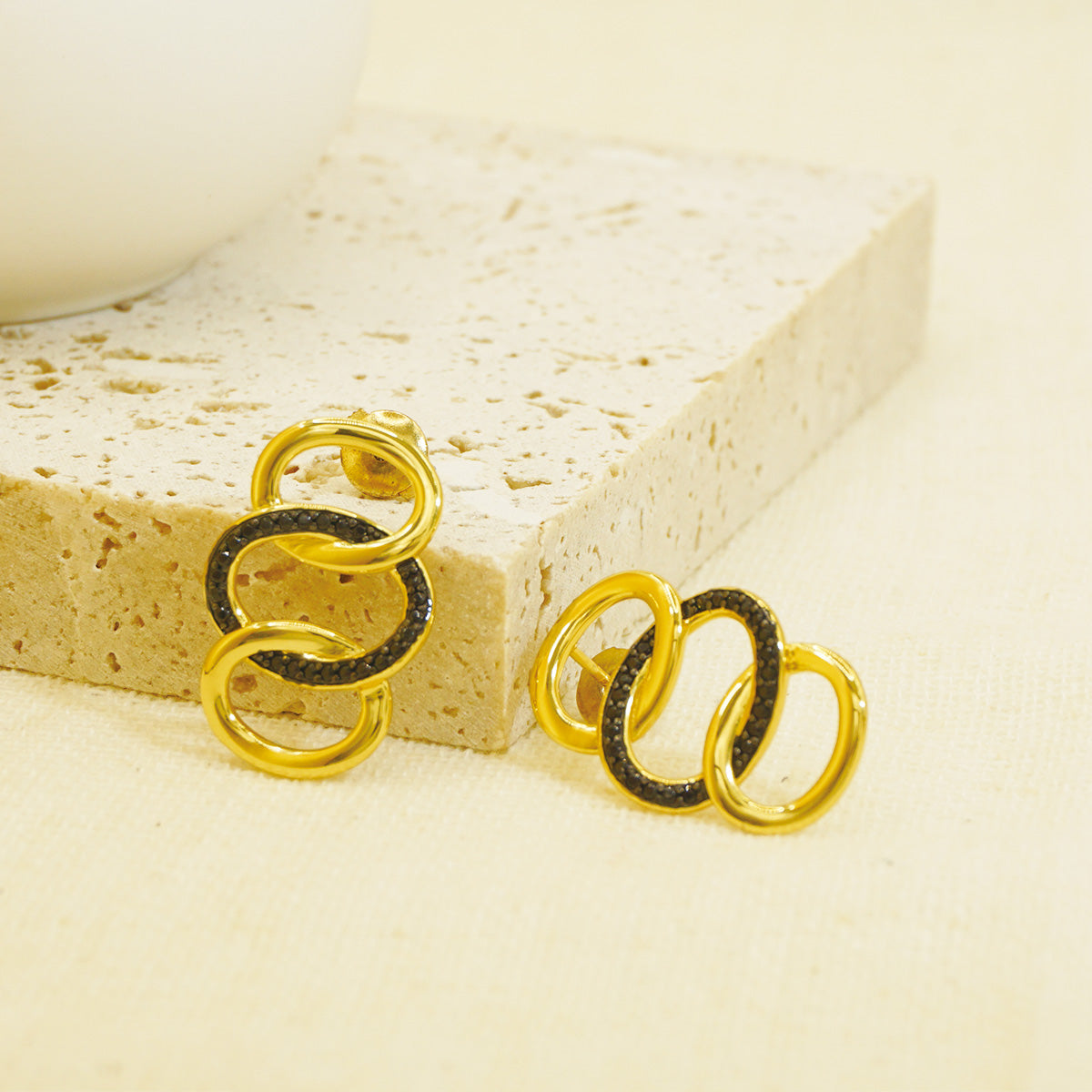 Golden Hammered Triple Black Stones Hoop Earrings