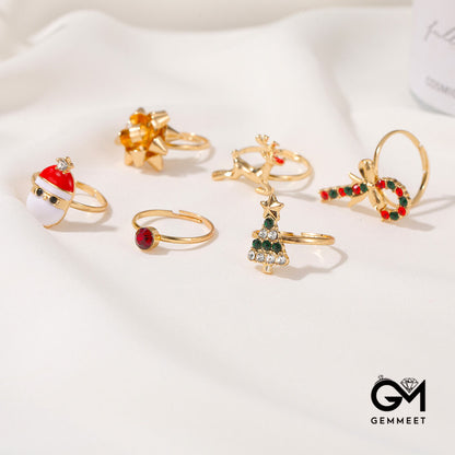 6 Pcs Cute Elk Christmas Tree Adjustable Ring Set