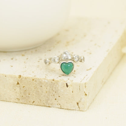 White Gold Double Heart Crown Shape Emerald Gem Adjustable Ring