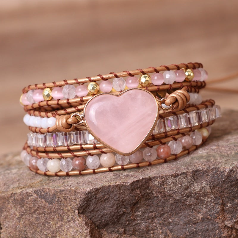 Heart Shape Rose Quartz Weave Beaded Bracelet