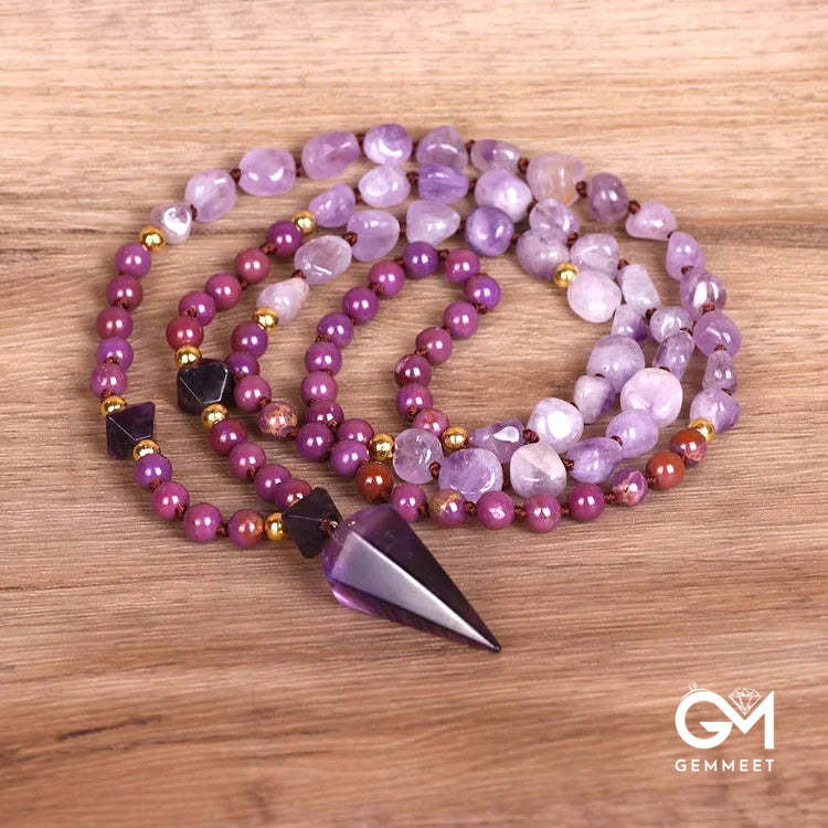 Purple Jade Amethyst  Beaded Mala Necklace