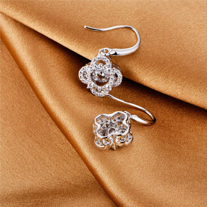 White Gold 4 Leaf Clover Full Stones Beating Dangle Earrings