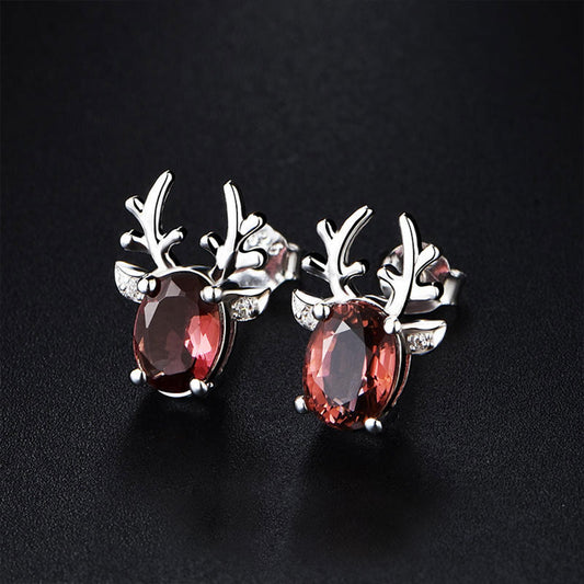 White Gold Elk Shape Ruby Gem Stud Earrings