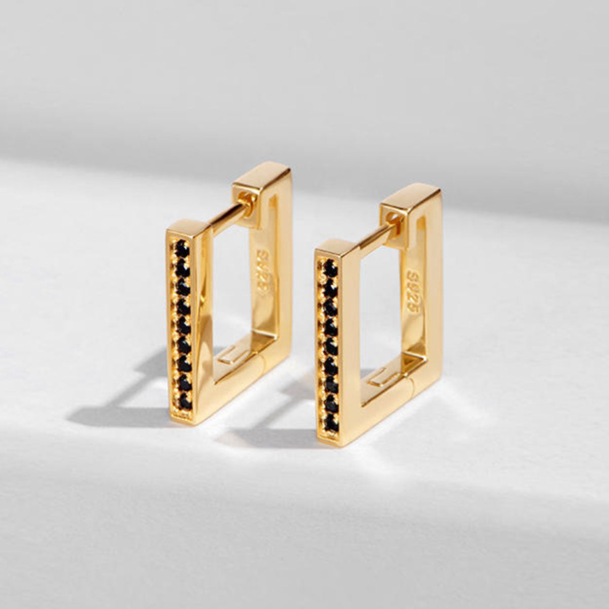 Gold Black Stones Block Square Hoop Earrings