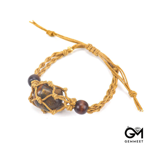 Brown Braided Rope Stone Net Bracelet