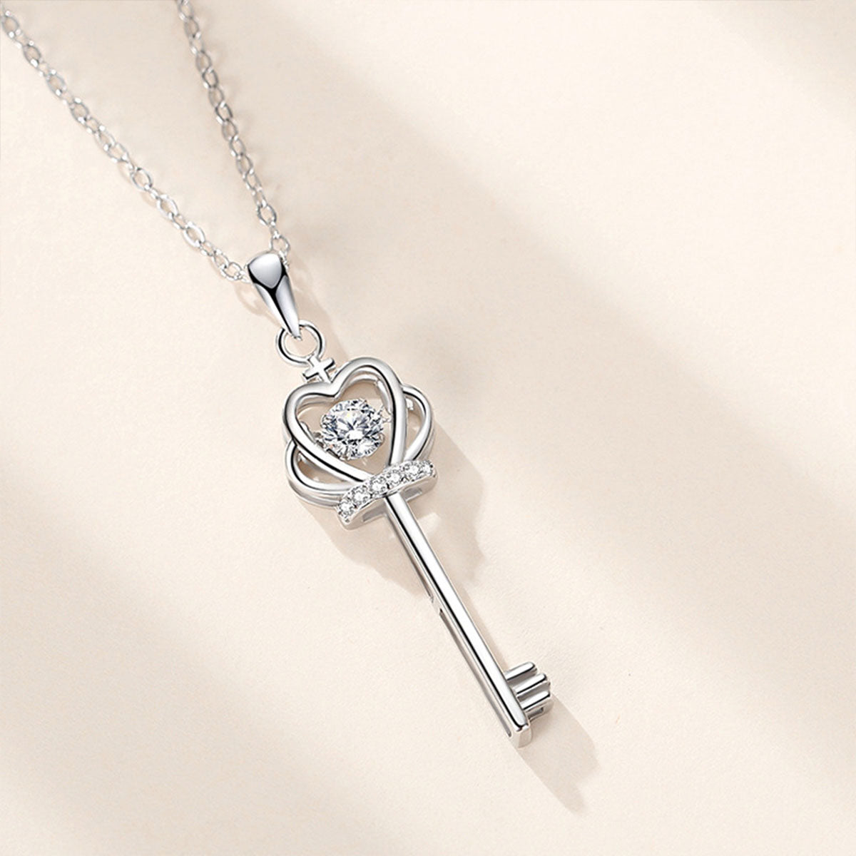 White Gold Crown Key Shape Beating Heart Mossanite Pendant