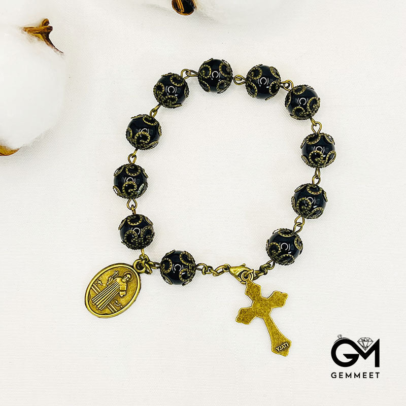 Obsidian Holy Medal Cross Rosary Bracelet